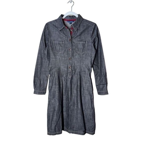 Boden Denim Shirt Dress in Black Wash Red Velvet Trim Half Button Front 8R - Picture 1 of 13